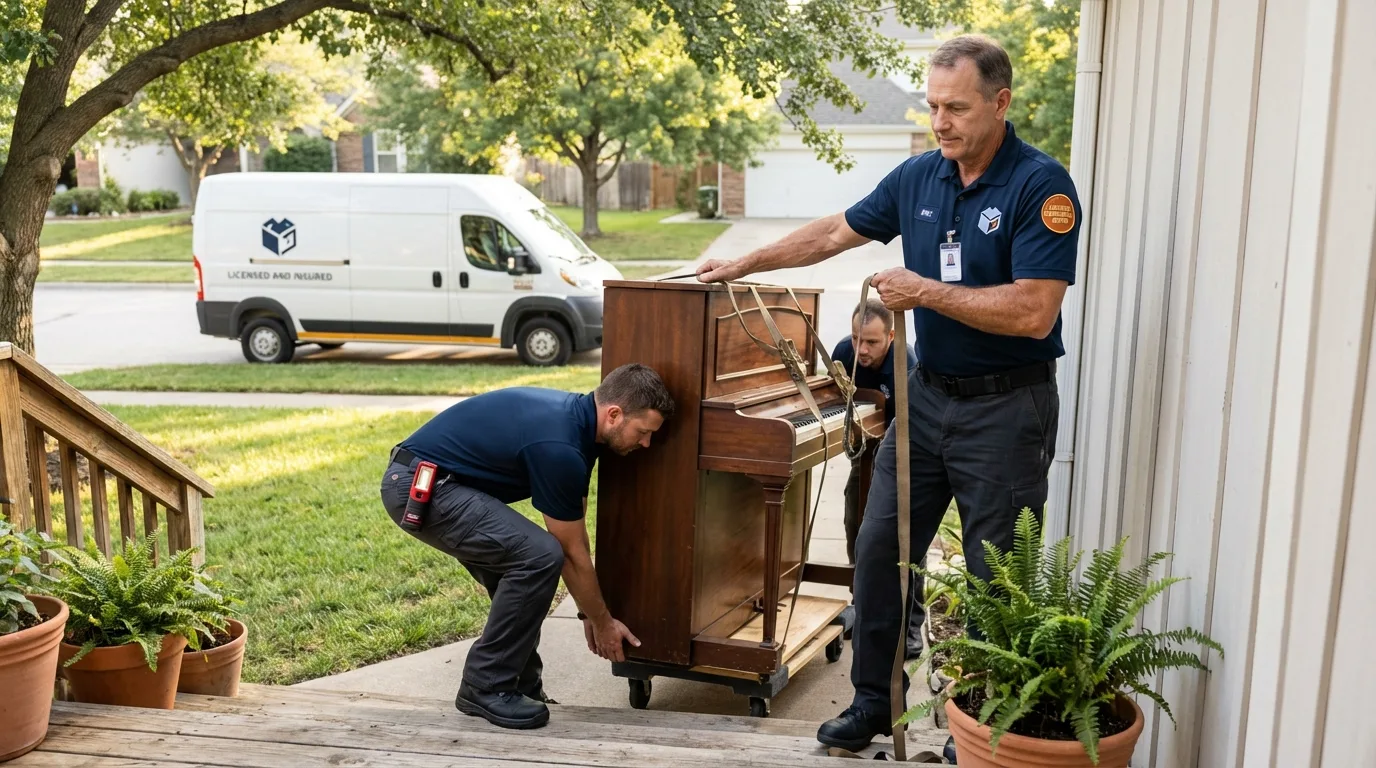 Licensed piano movers securing grand piano in Naples, FL
