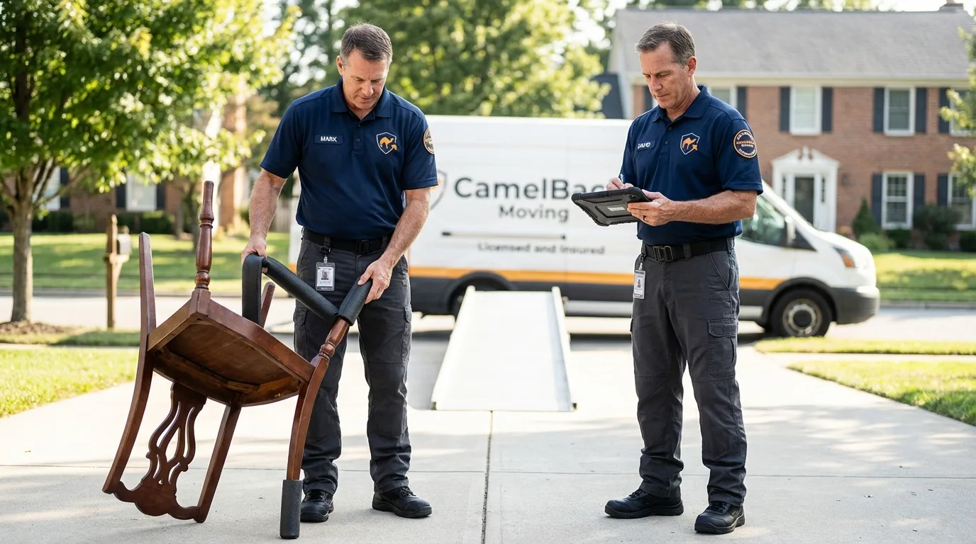 Movers inspecting furniture for damage prevention before loading in Naples, FL