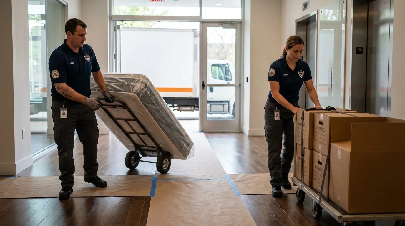 Professional apartment movers loading elevator in Naples, FL